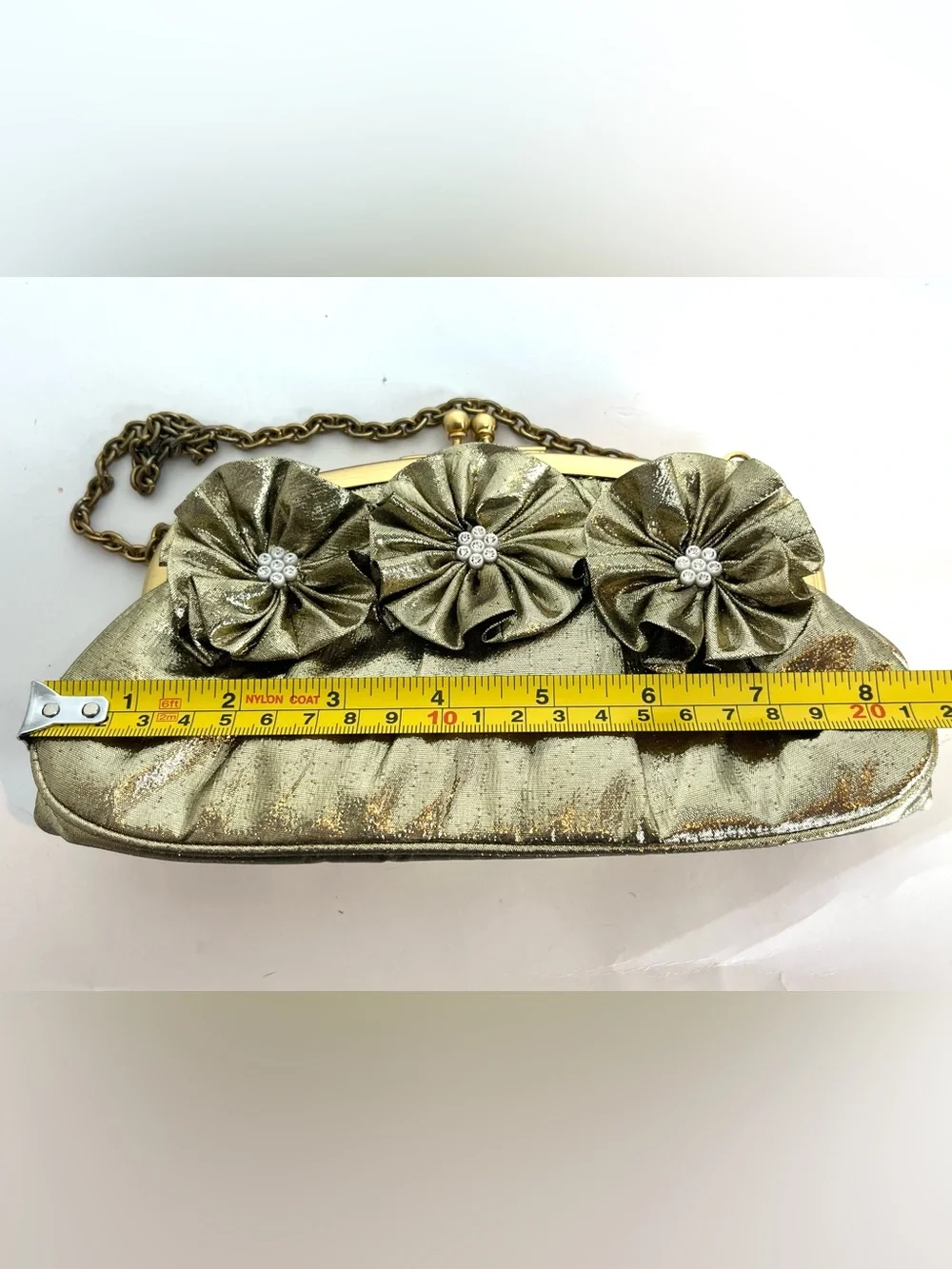 Gold Floral Accent Evening Clutch with Chain Strap by Sondra Roberts